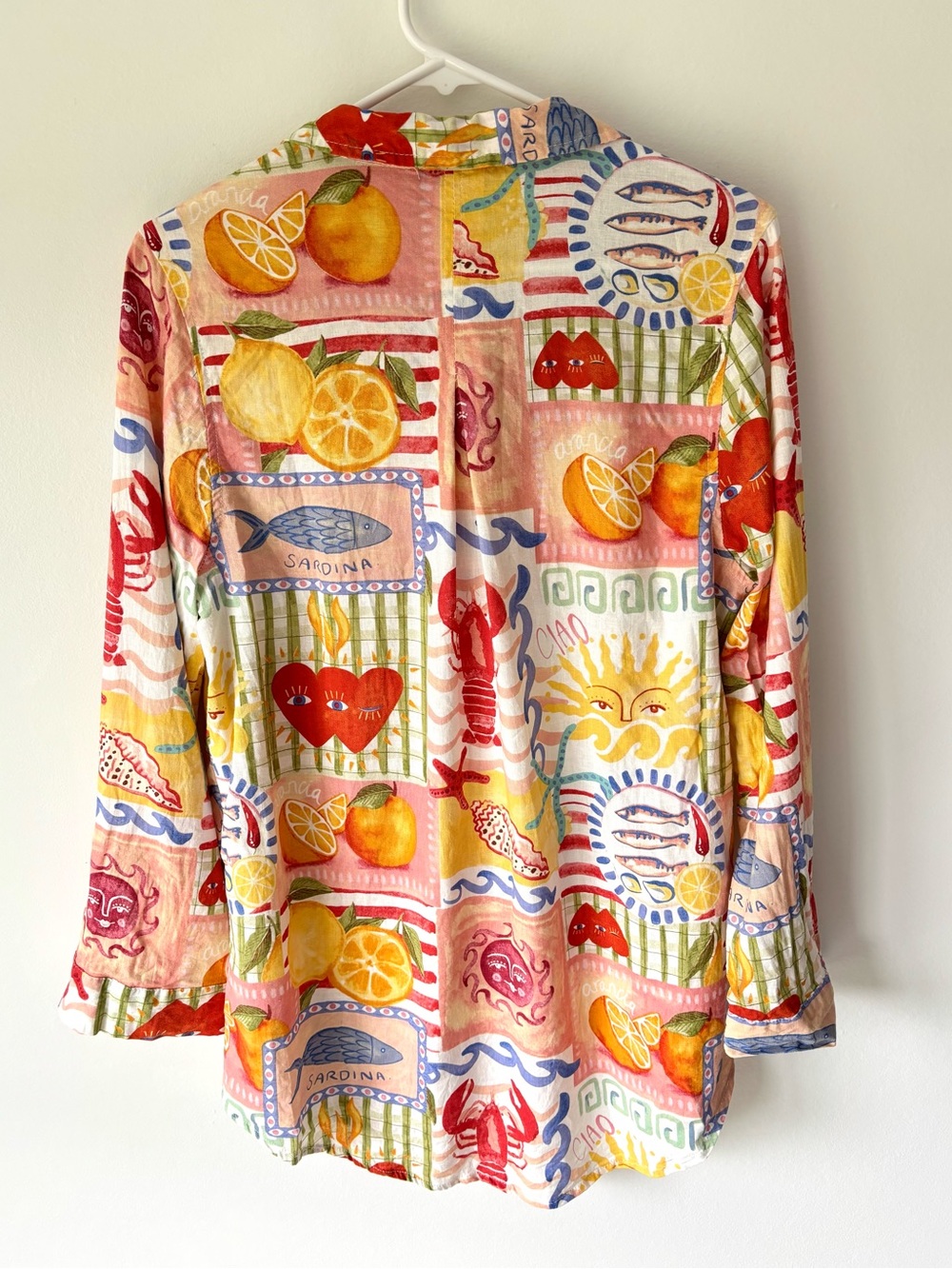 Calypso St. Barth Colorful Linen Blend Coastal Print Button Down Shirt Vacation - Picture 7 of 11